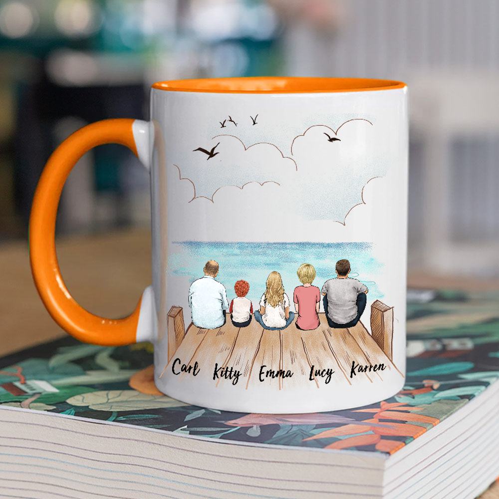 orange two tone accent mug gift for the whole family with up to 5 members sitting on wooden dock