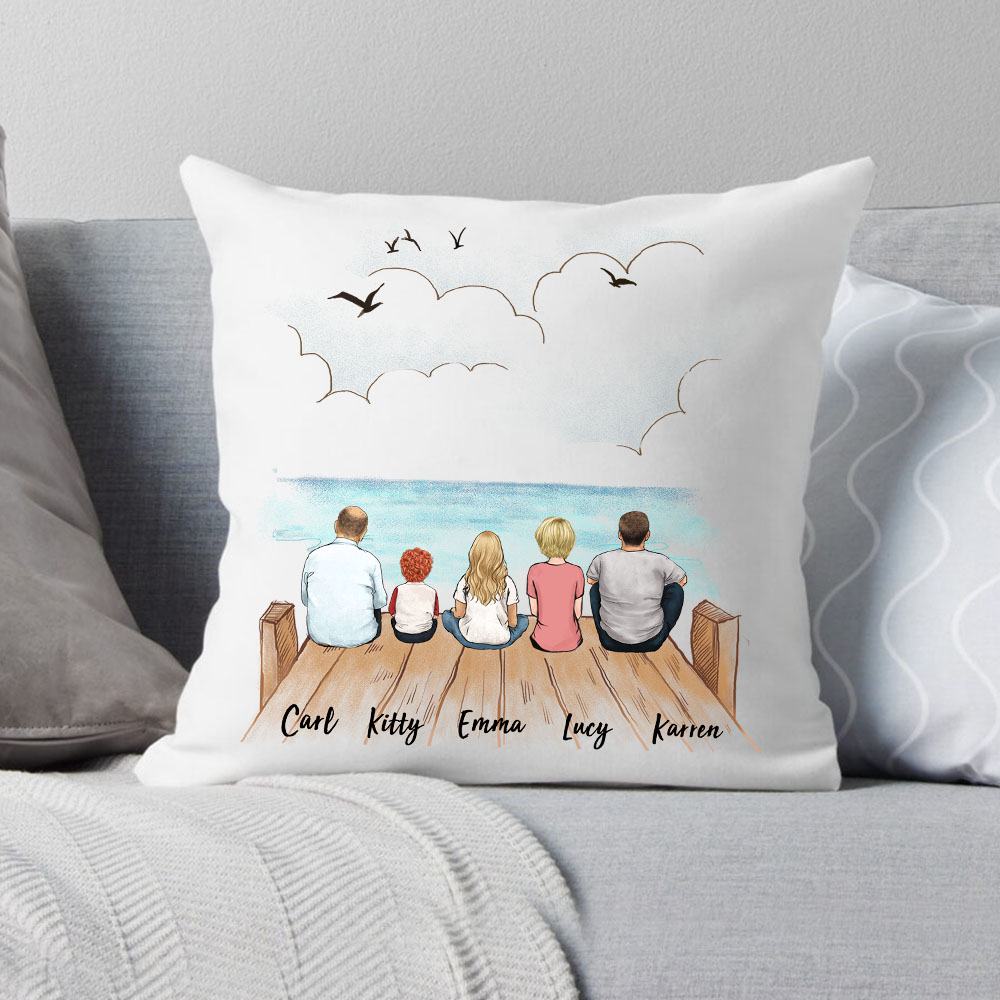 canvas or linen or suede pillow gift for the whole family with up to 5 members sitting on wooden dock