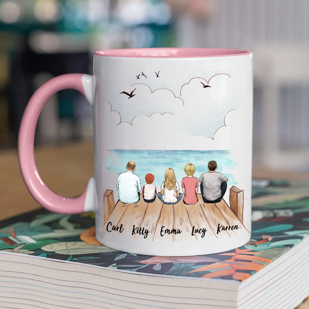 pink two tone accent mug gift for the whole family with up to 5 members sitting on wooden dock