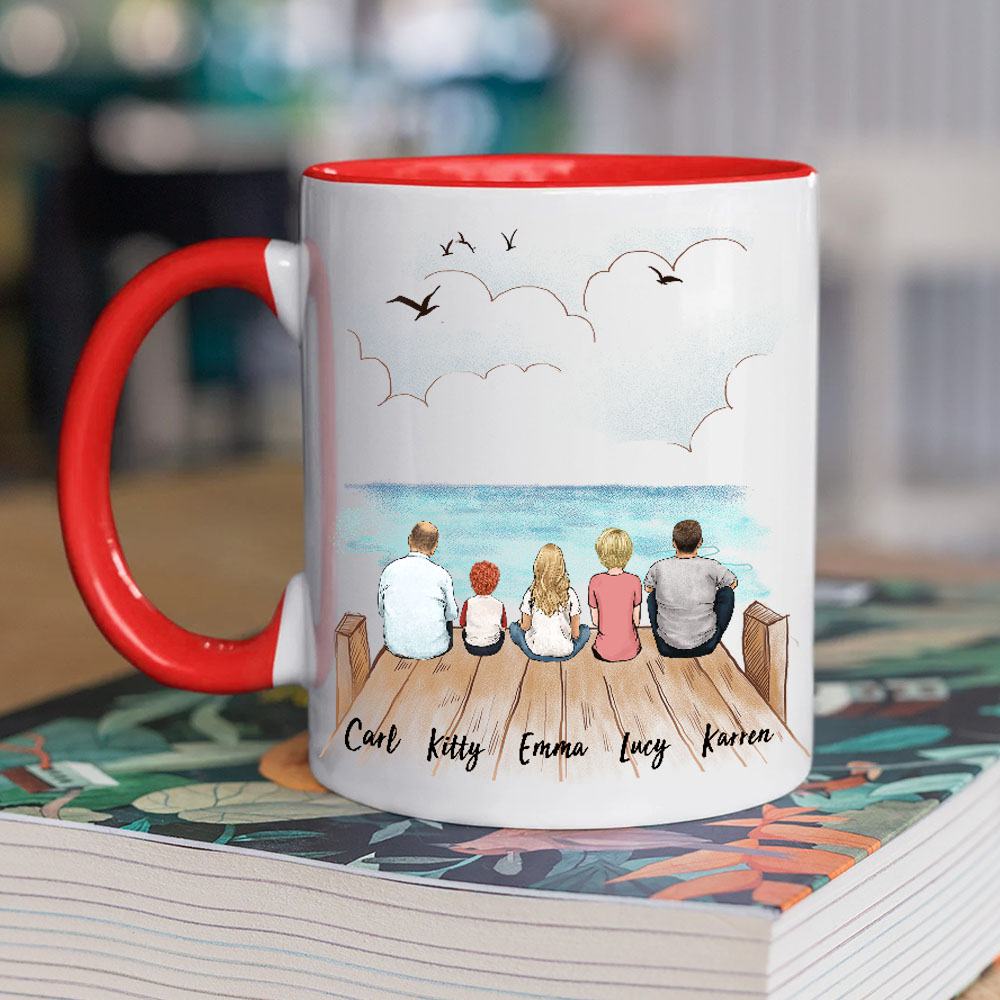 red two tone accent mug gift for the whole family with up to 5 members sitting on wooden dock