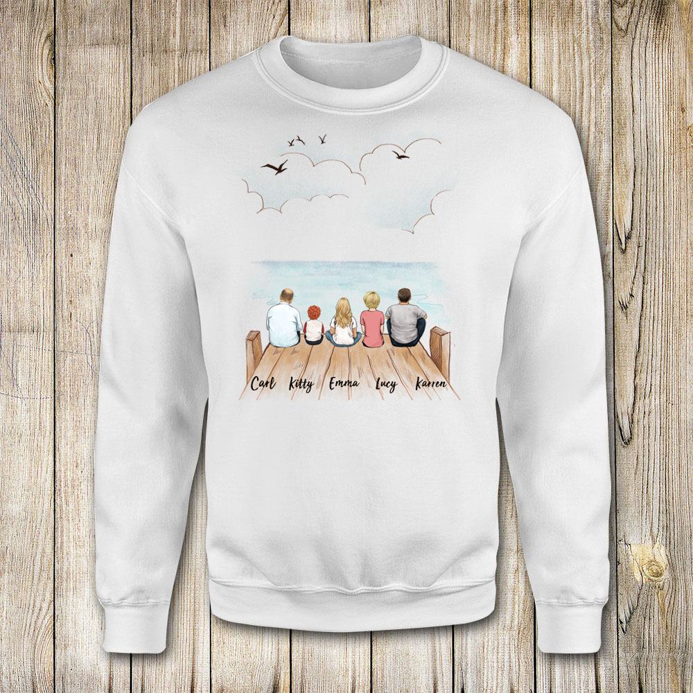 sweatshirt gift for the whole family with up to 5 members sitting on wooden dock