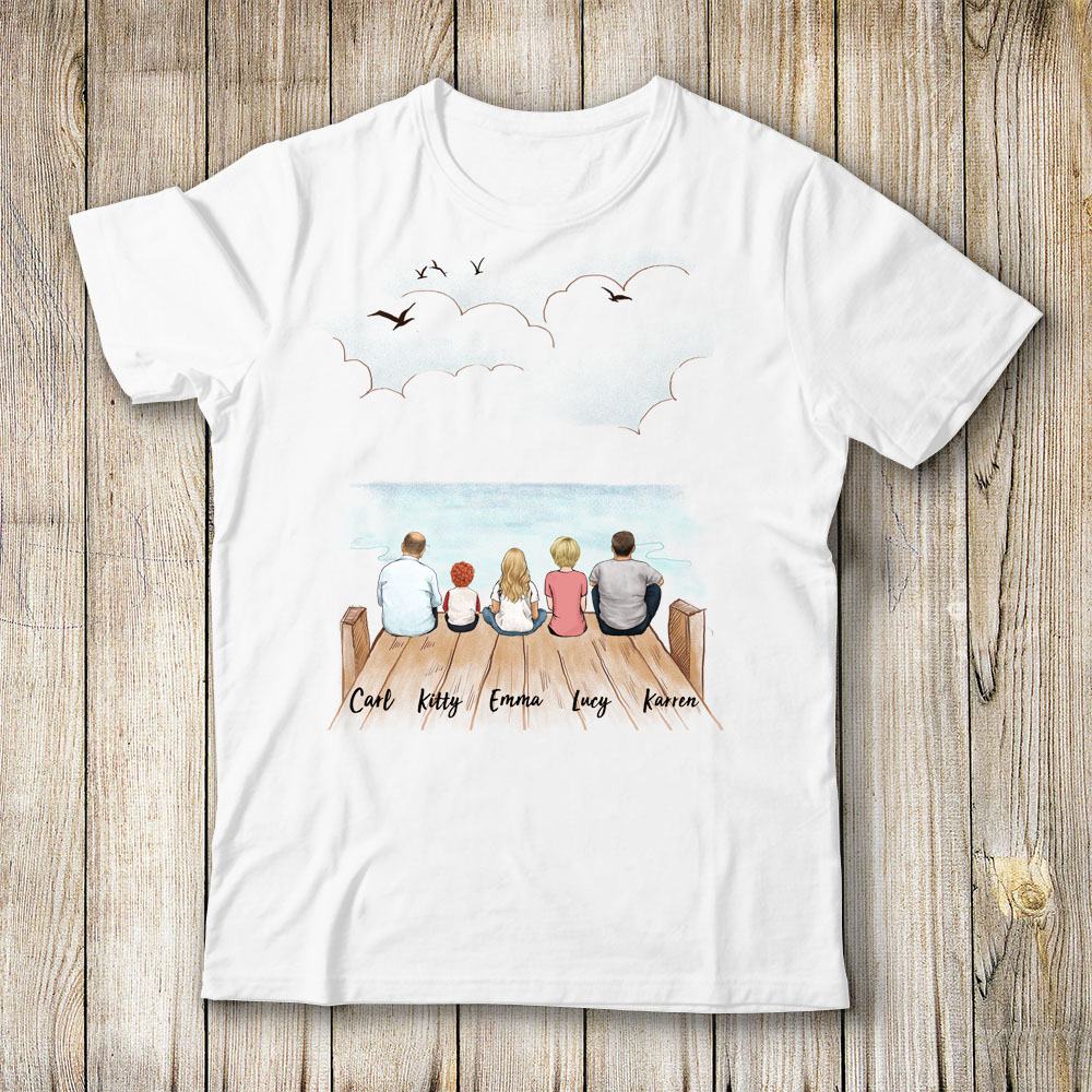 t shirt gift for the whole family with up to 5 members sitting on wooden dock