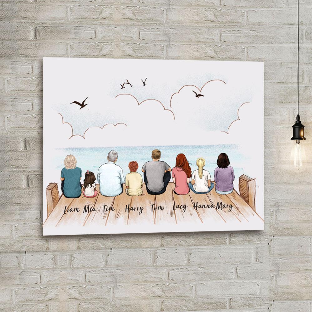 canvas print gift for the whole family with up to 8 people sitting on wooden dock
