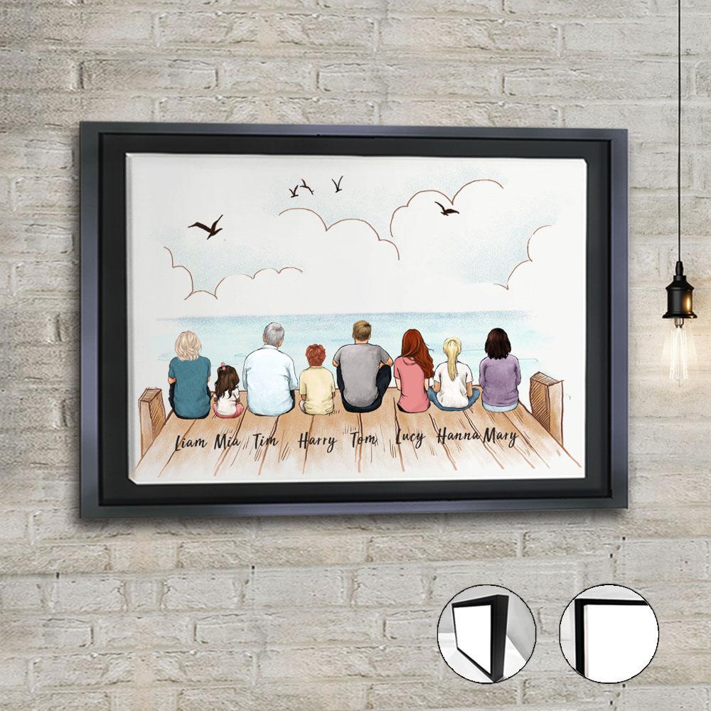 framed canvas gift for the whole family with up to 8 people sitting on wooden dock