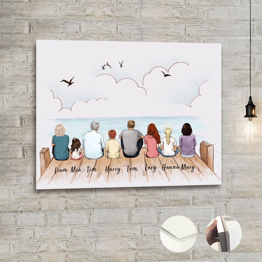 metal print gift for the whole family with up to 8 people sitting on wooden dock