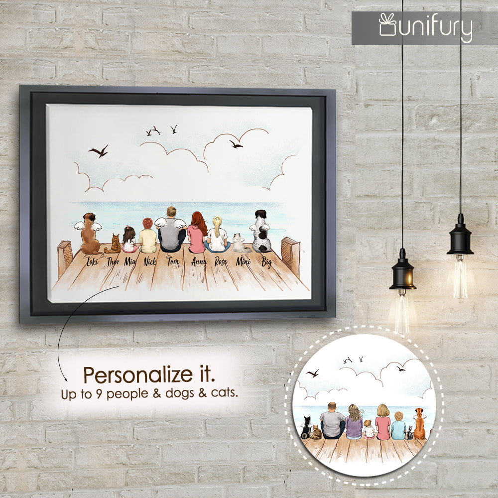 framed canvas gift for the whole family with up to 9 people and dogs and cats sitting on wooden dock