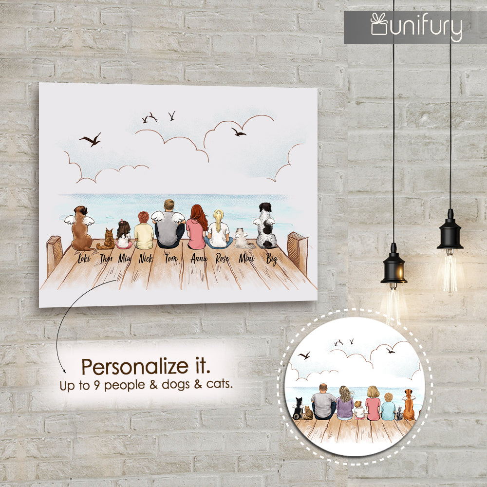 metal print gift for the whole family with up to 9 people and dogs and cats sitting on wooden dock