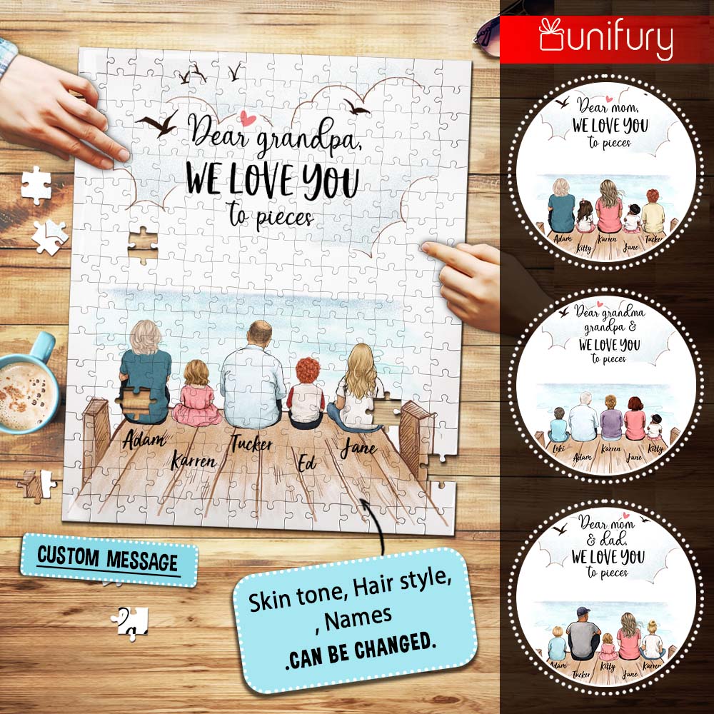 Personalized puzzle gifts for the whole family - We love you to pieces - UP TO 5 PEOPLE - Wooden dock