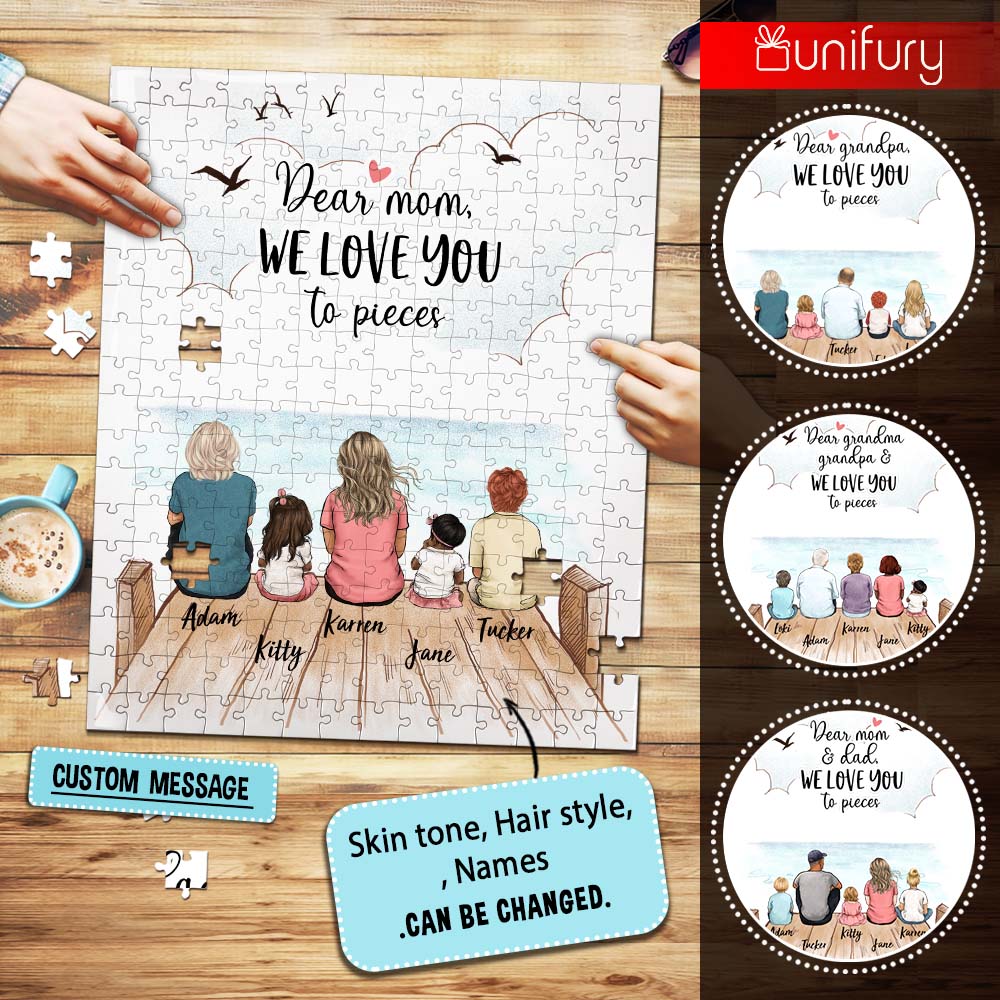Personalized puzzle gifts for the whole family - We love you to pieces - UP TO 5 PEOPLE - Wooden dock