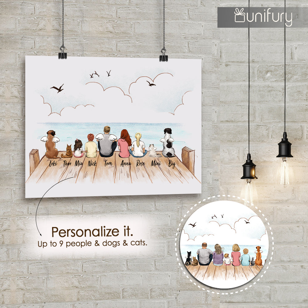 peel stick poster gift for the whole family with up to 9 people and dogs and cats sitting on wooden dock