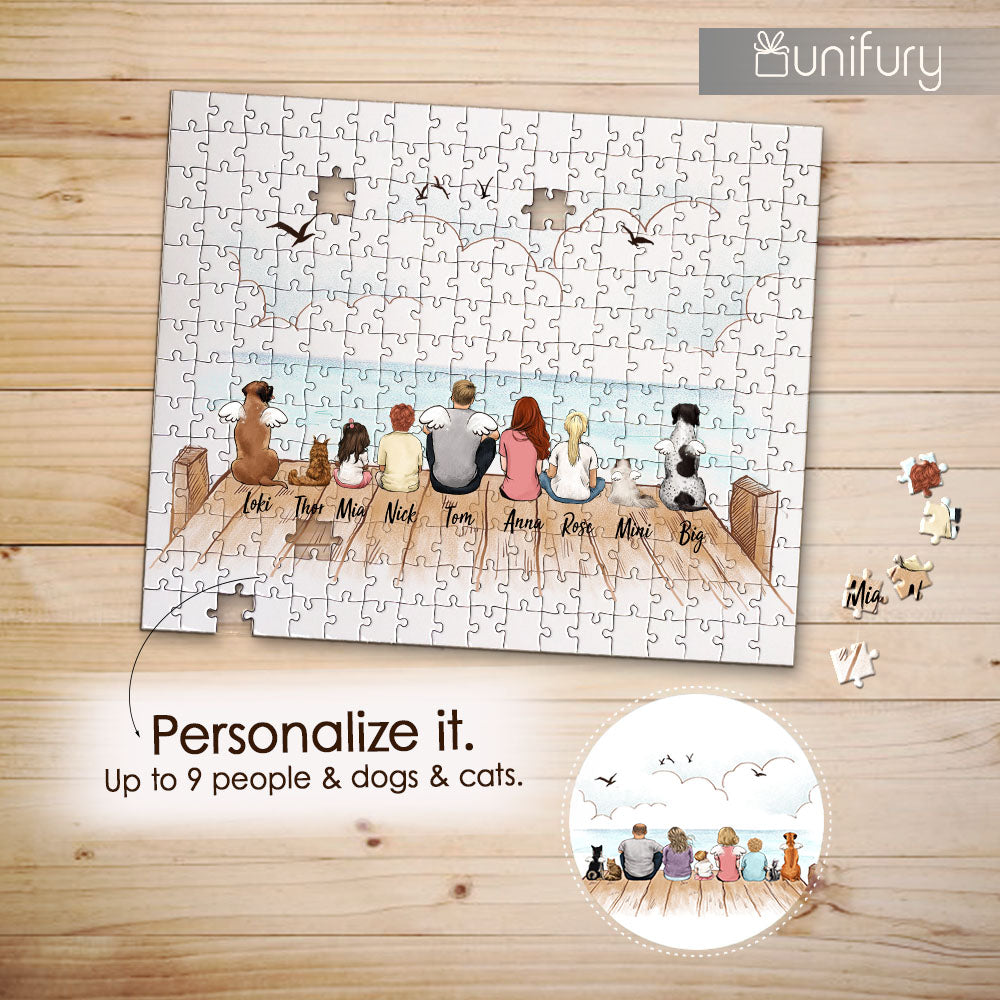 puzzle gift for the whole family with up to 9 people and dogs and cats sitting on wooden dock