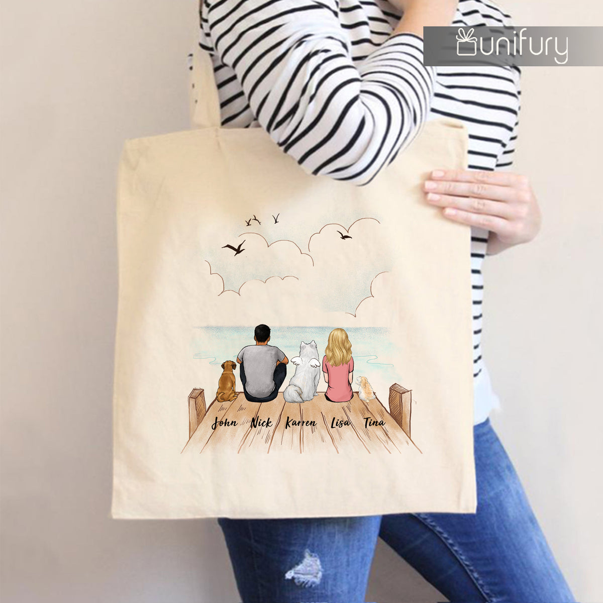 Personalized dog canvas tote bag gifts for dog lovers - DOG &amp; COUPLE - Wooden Dock