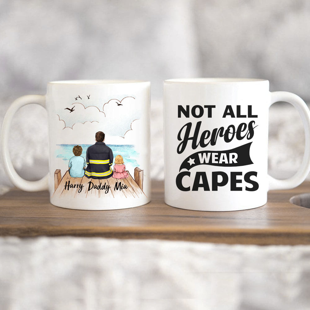 Personalized Father&#39;s day coffee mug gifts for firefighter dad  - Up to 5 people - Wooden Dock
