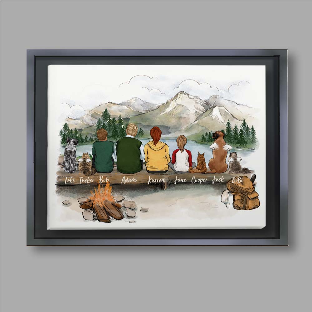 Personalized gifts with the whole family & dogs & cats Framed Canvas - UP TO 9 PEOPLE & PETS -Hiking