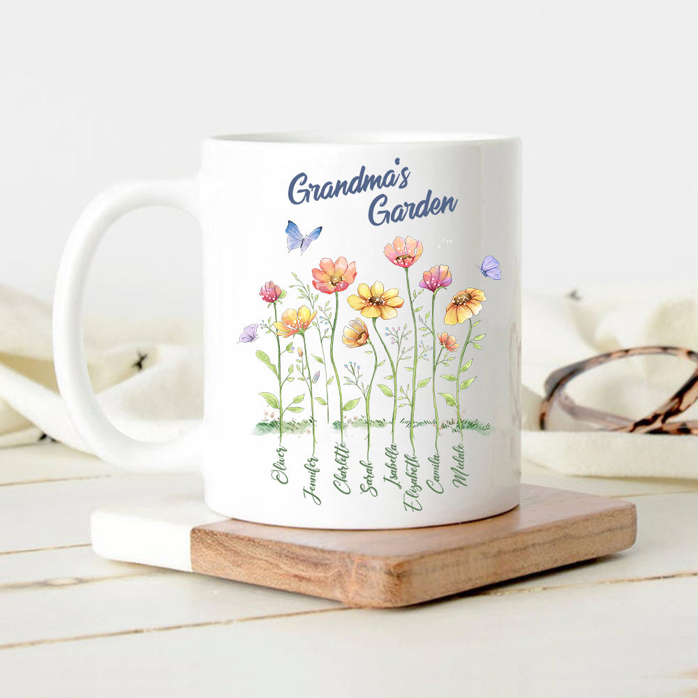 Personalized Grandma&#39;s garden white coffee mug gifts for the whole family - up to 8 names