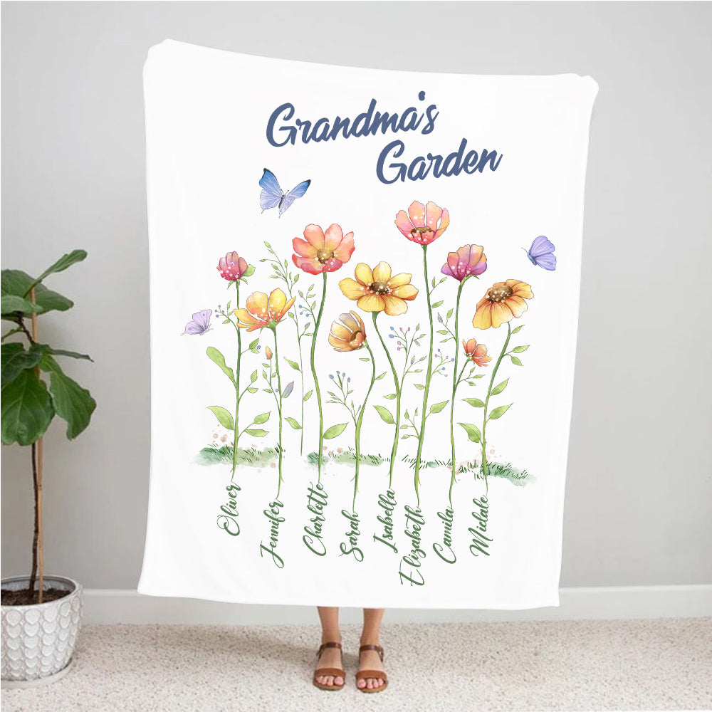Personalized Grandma&#39;s garden fleece blanket gifts for the whole family - up to 8 names