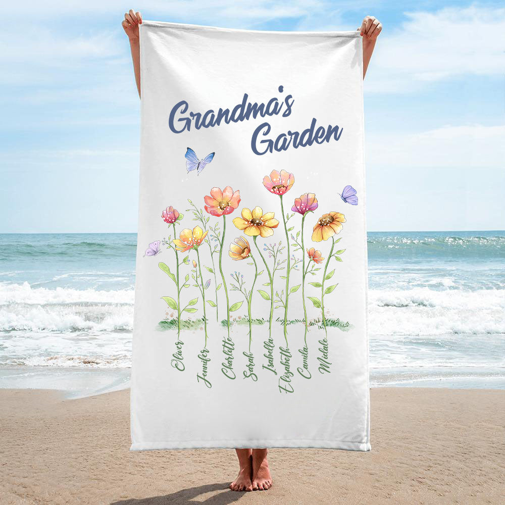 Personalized Grandma&#39;s garden beach towel gifts for the whole family - up to 8 names