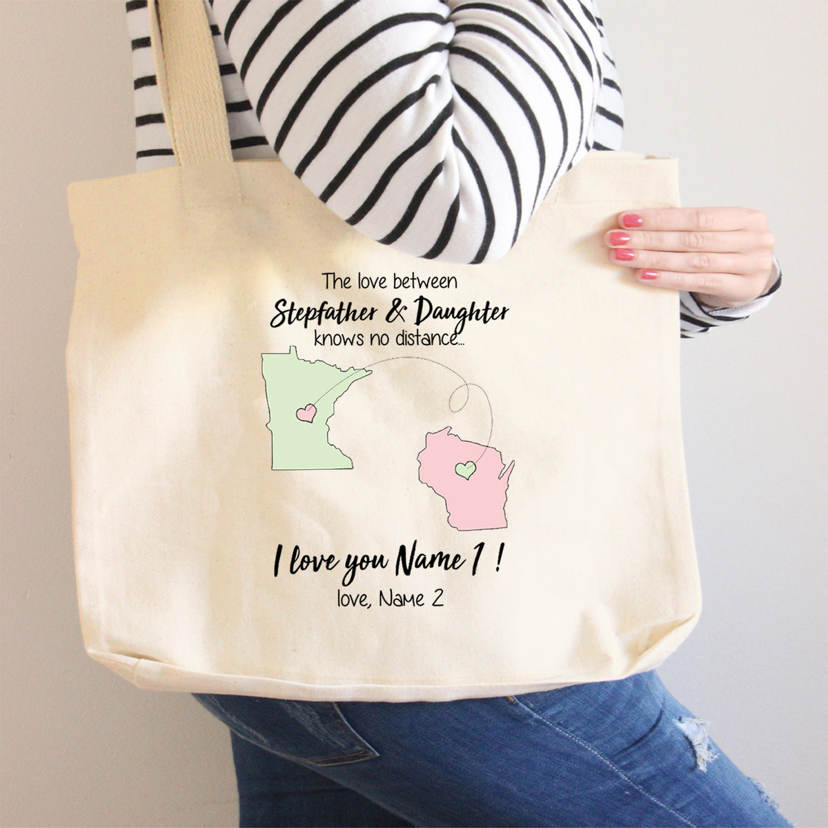 Personalized custom long distance relationship gift ideas rounded canvas tote bag