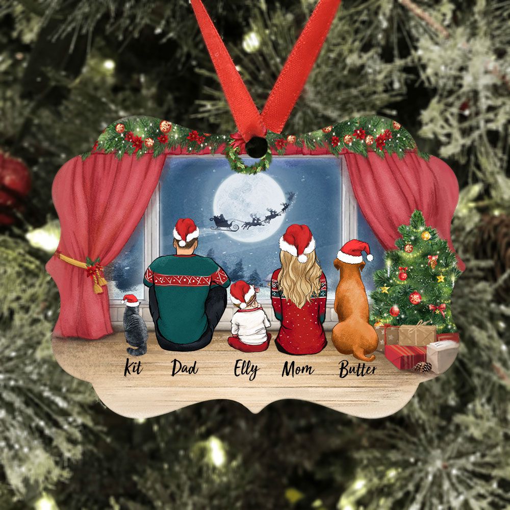 Waiting For Santa - Custom Ornament Family With Dog, Cat  - Medallion Metal Ornament Gifts - Family Christmas Gifts