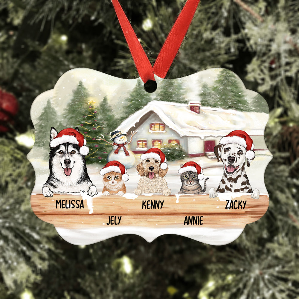 Personalized Medallion Metal Ornament gifts for dog cat lovers - Christmas Wooden Fence