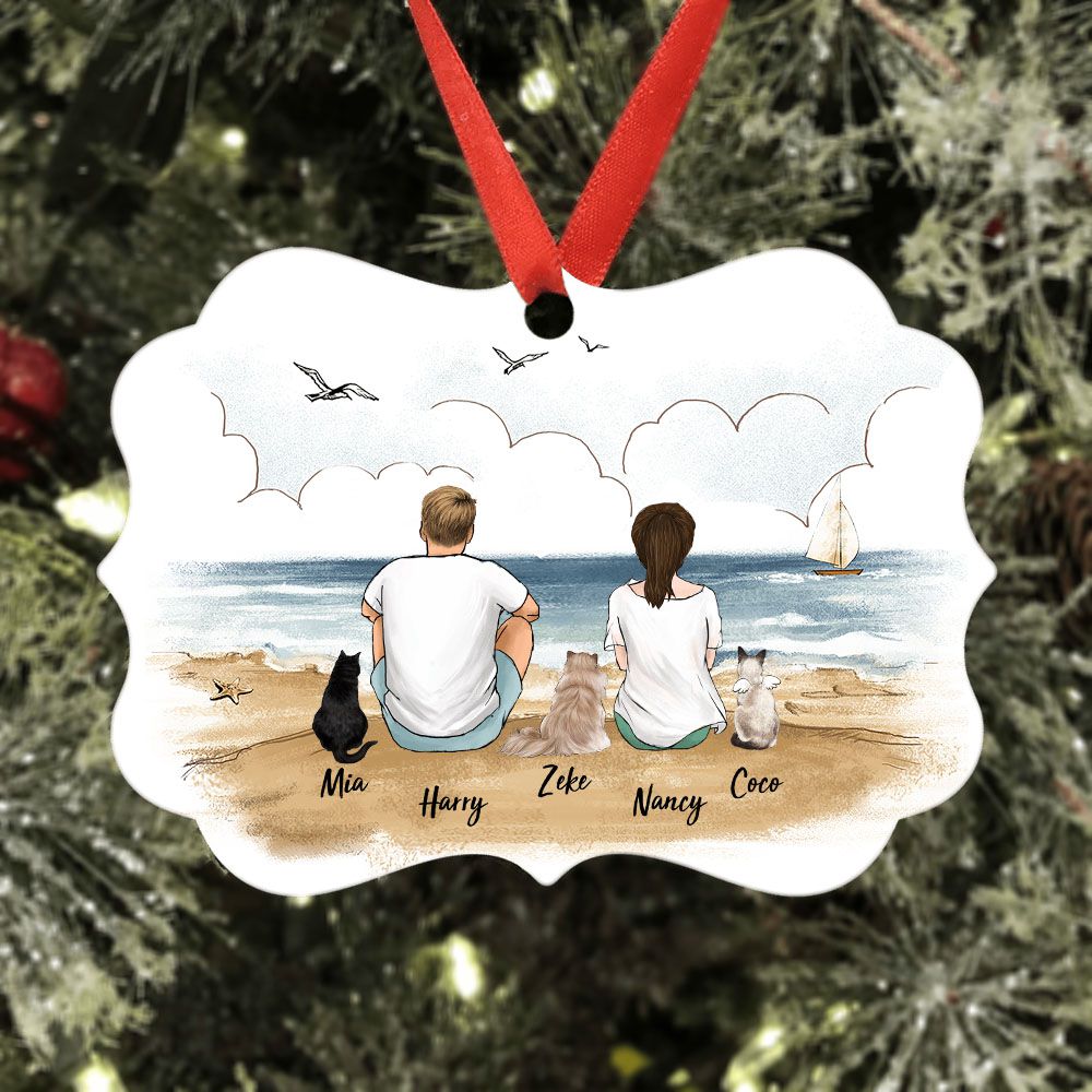 Personalized Beach Medallion Metal Ornament gifts for cat lovers - CAT &amp; COUPLE