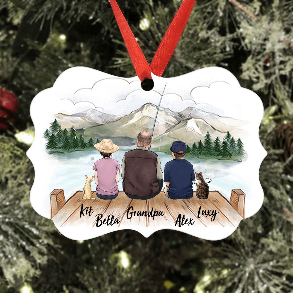 Personalized Medallion Metal Ornament gifts for the whole family &amp; dog &amp; cat - UP TO 5 PEOPLE &amp; PETS - Fishing