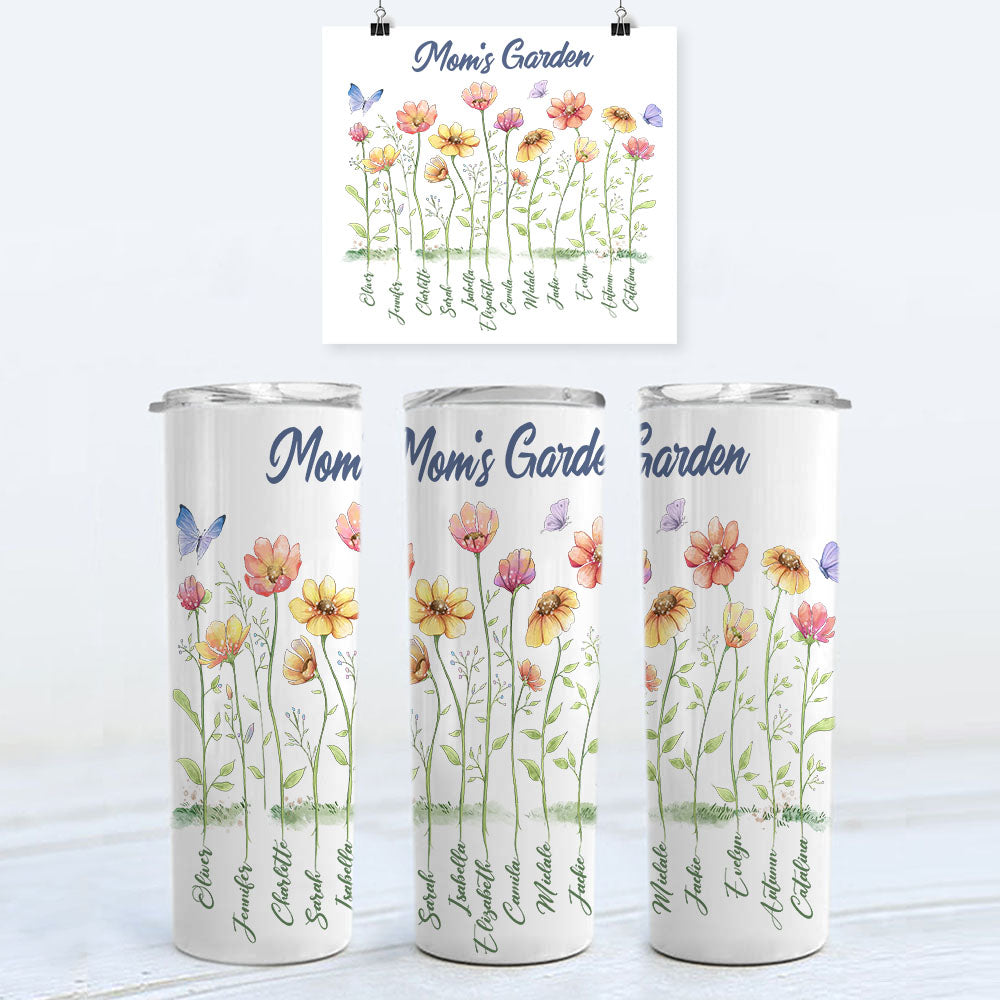 Personalized Grandma&#39;s garden skinny tumbler gifts for the whole family - up to 12 names