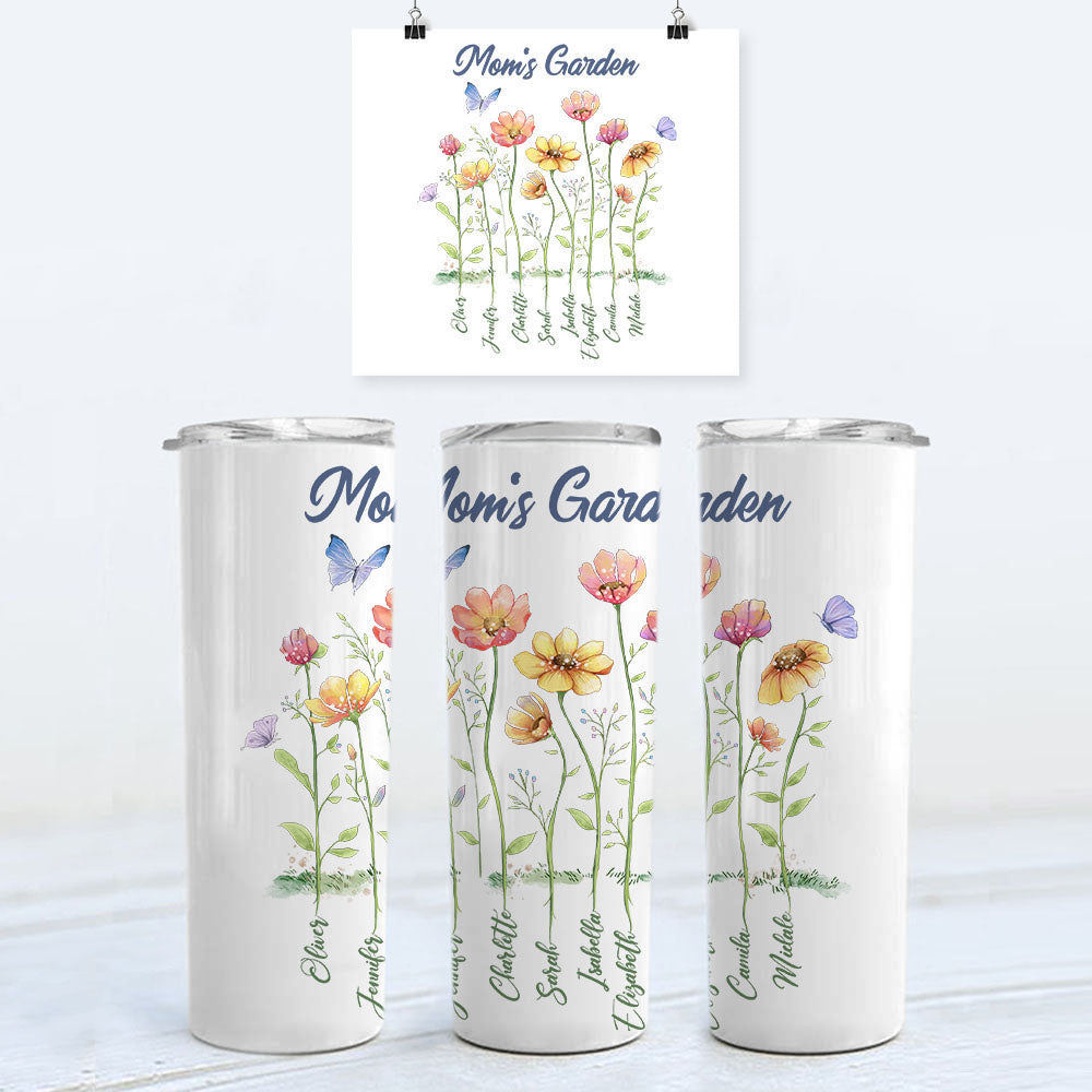 Personalized Grandma&#39;s garden skinny tumbler gifts for the whole family - up to 8 names