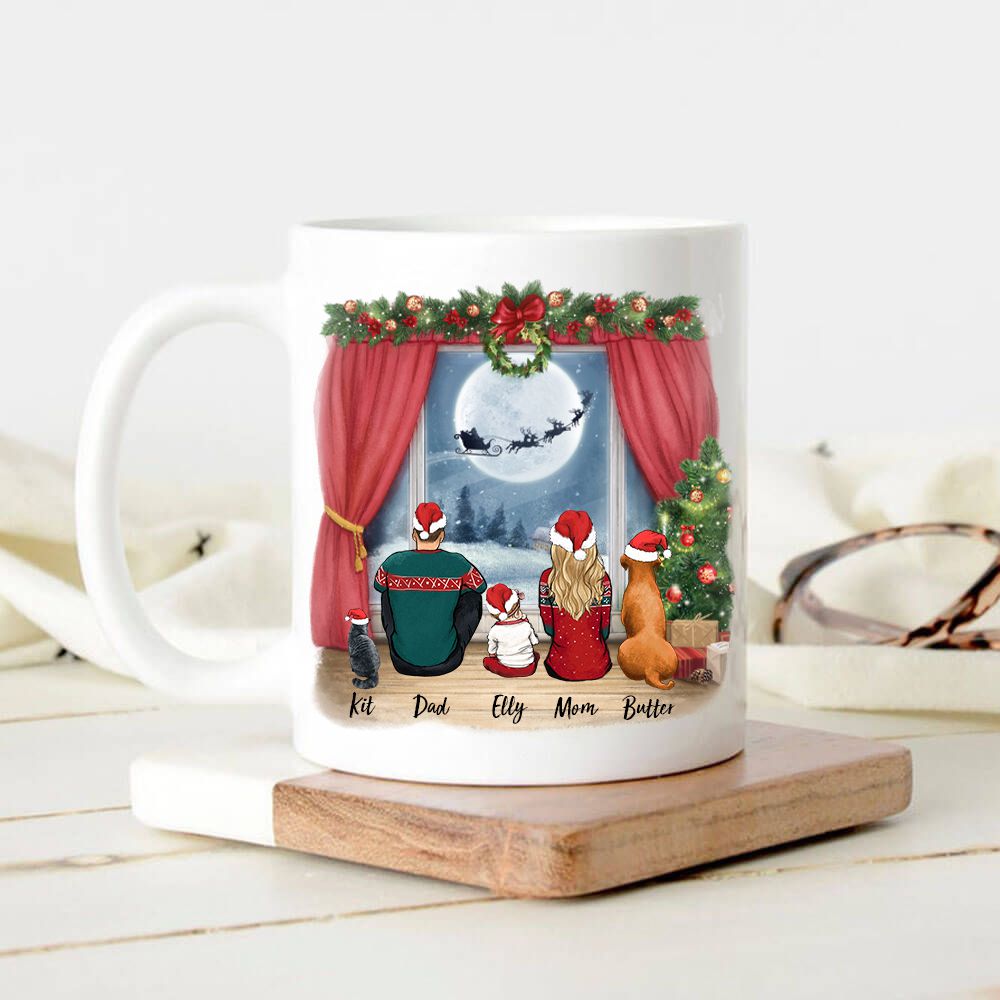 Waiting For Santa - Family With Dog &amp; Cat Christmas Mug - Personalized Christmas Mug, Gifts For Family