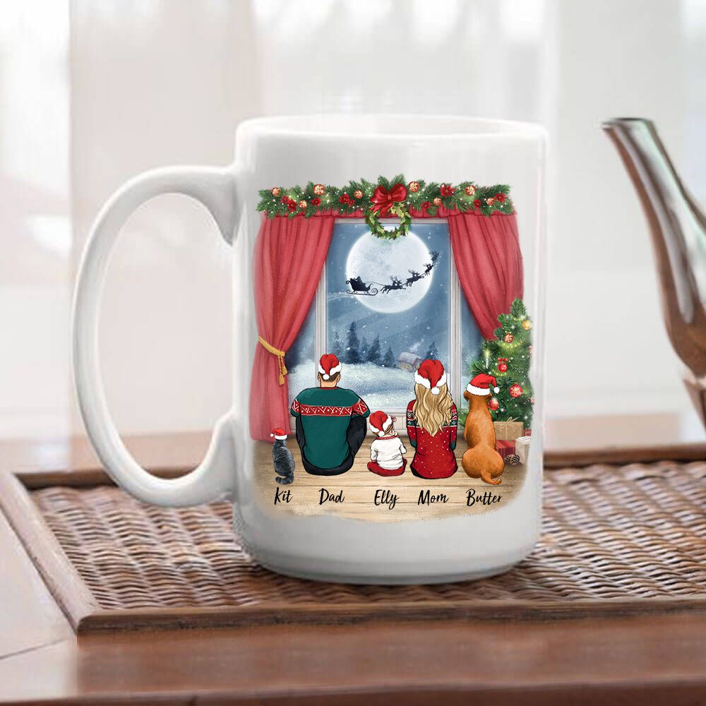 Personalized gifts for the whole family with dog, cat coffee mug - Up to 5 people &amp; pets - Waiting for Santa