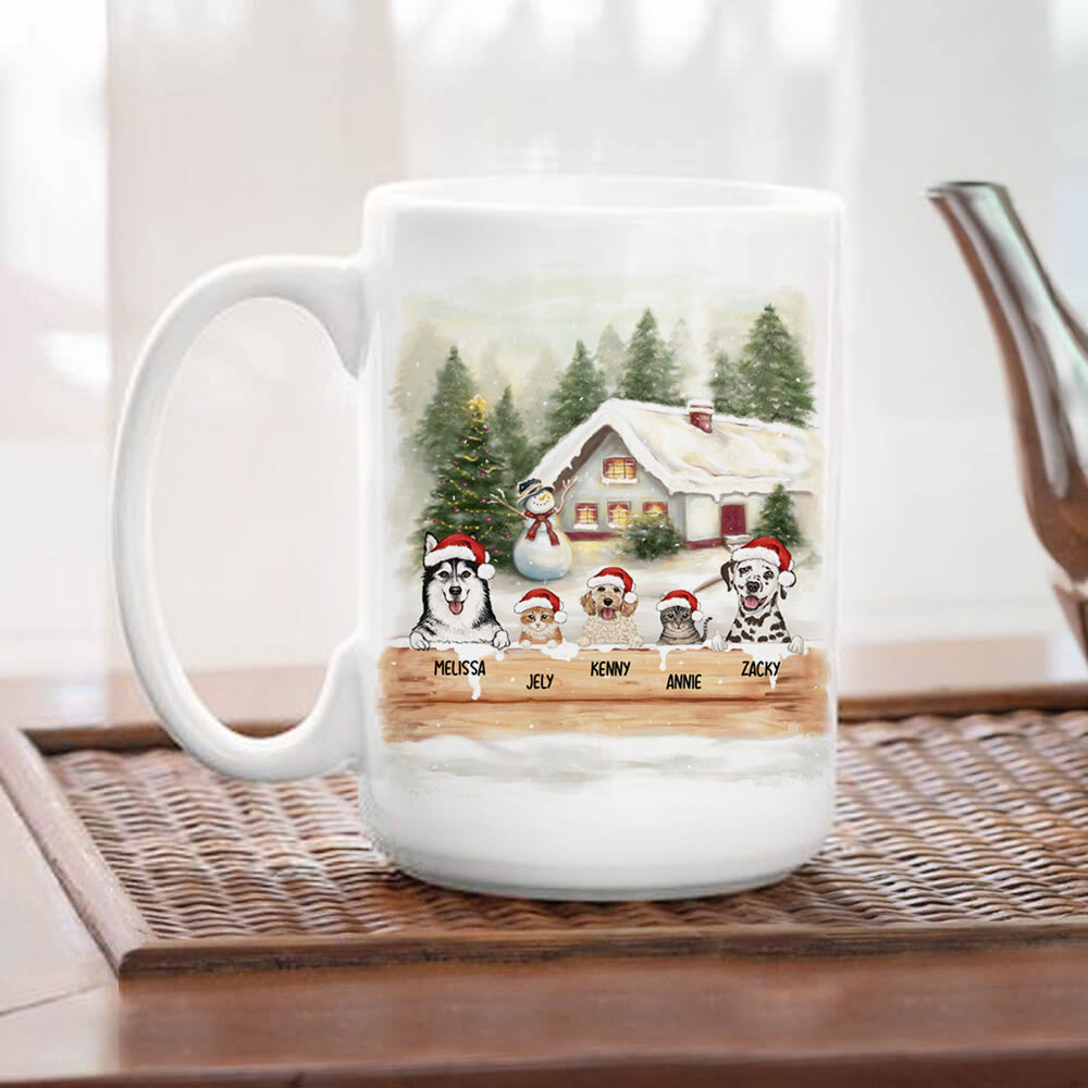 Personalized coffee mug gifts for dog cat lovers - Christmas Wooden Fence