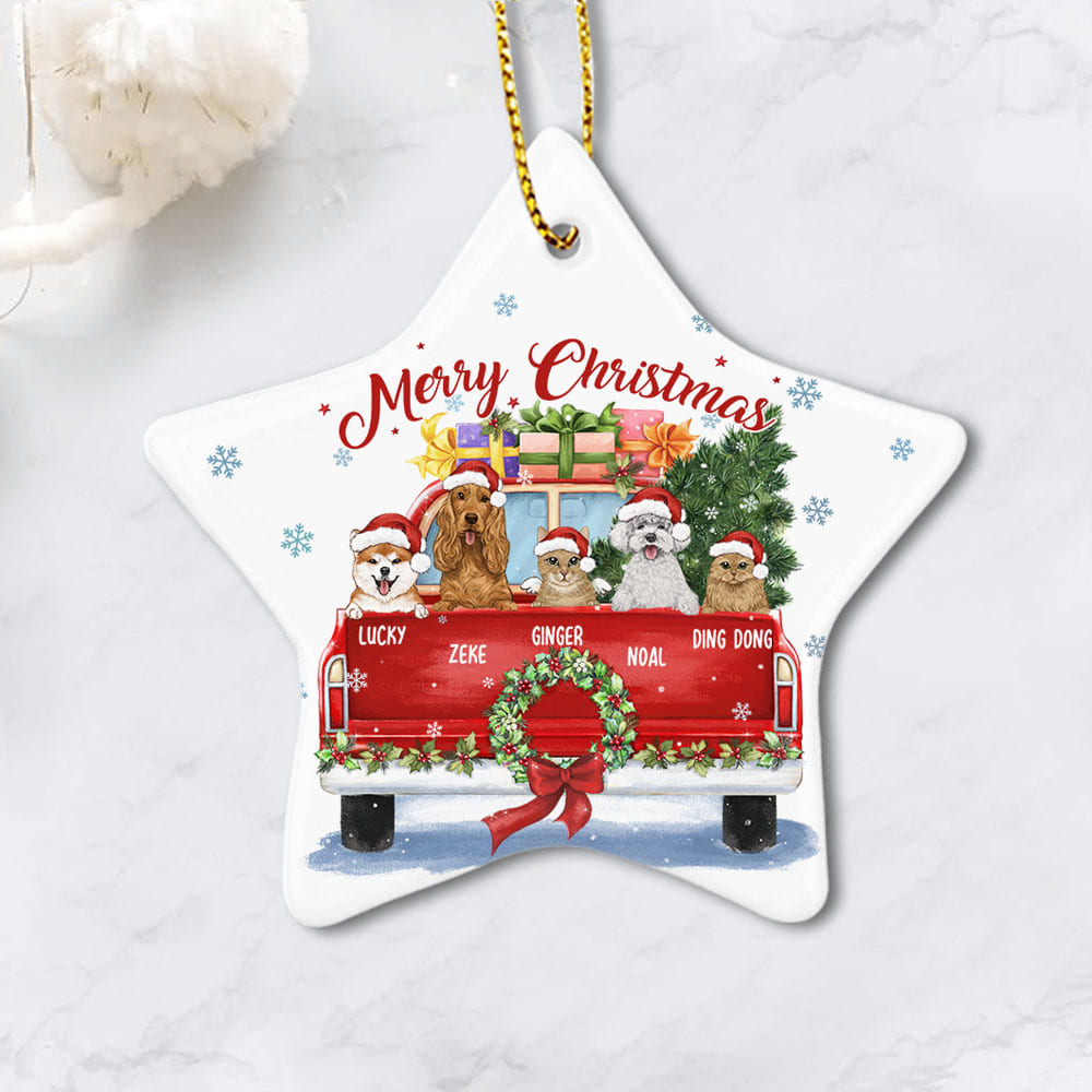 Personalized Ceramic Ornament gifts for dog cat lovers - Christmas Pickup Truck