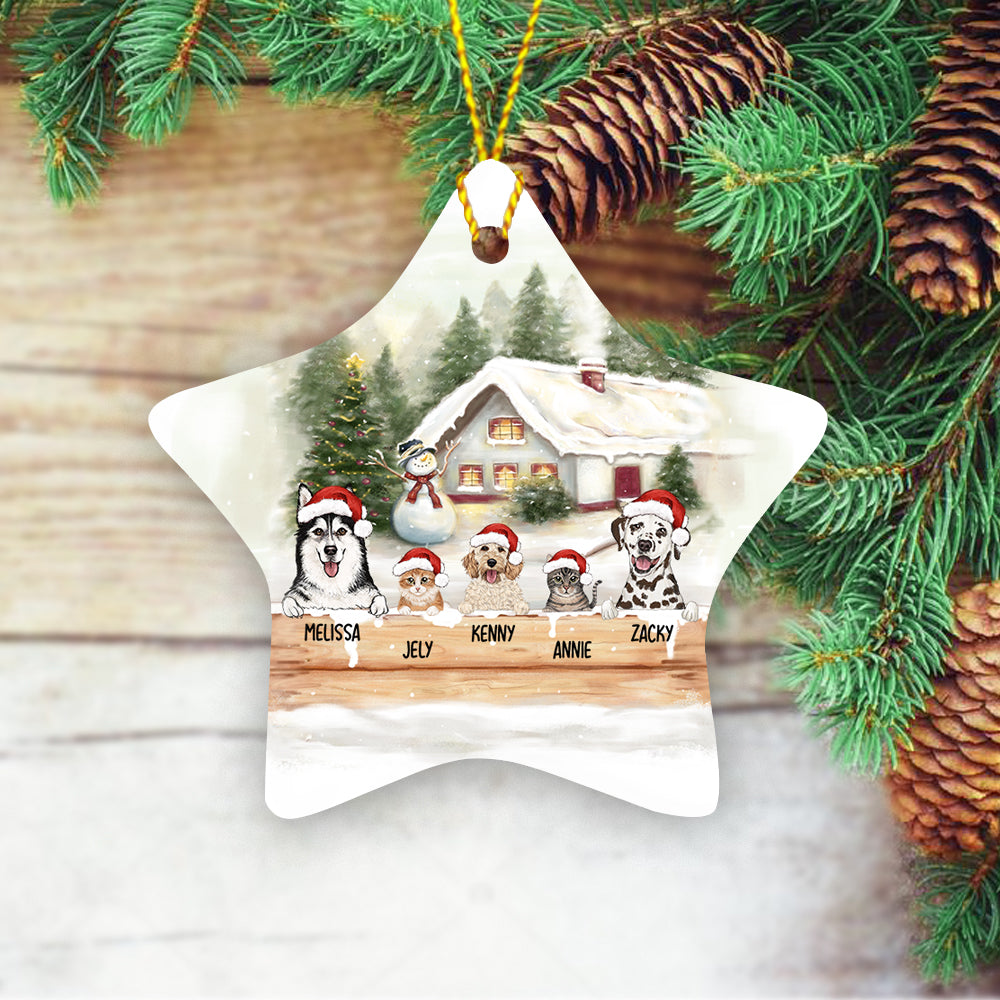 Personalized Ceramic Ornament  gifts for dog cat lovers - Christmas Wooden Fence