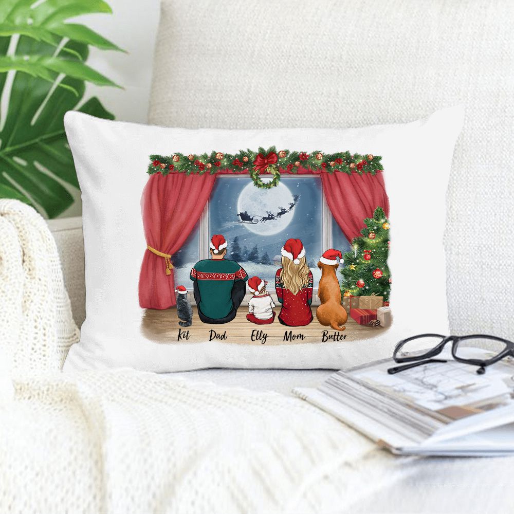 Personalized gifts for the whole family with dog, cat pillow - UP TO 5 PEOPLE &amp; PETS - Waiting for Santa