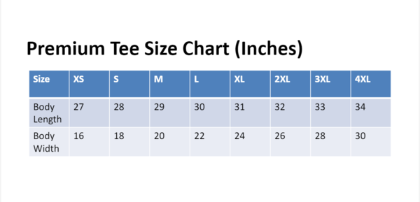 Unifury premium t-shirt size chart