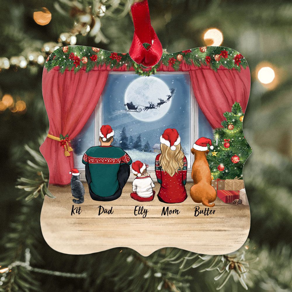 Personalized Square Metal Ornament gifts for the whole family with dog, cat  - UP TO 5 PEOPLE &amp; PETS - Waiting for Santa