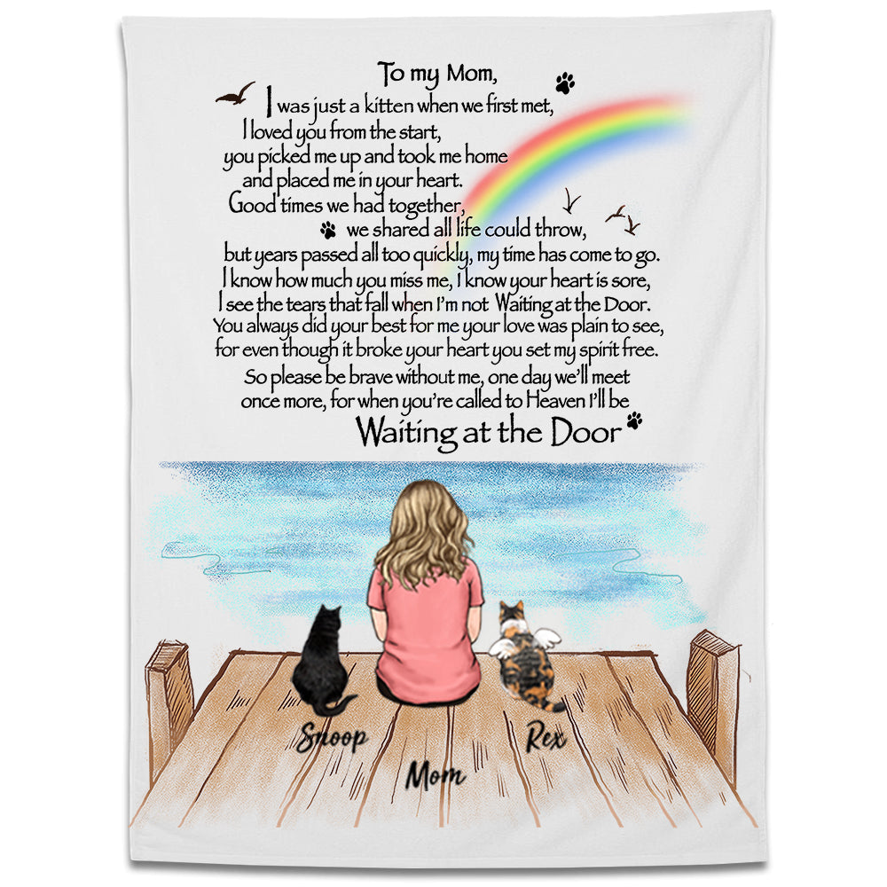 Personalized cat memorial gifts Fleece Blanket Waiting at the Door - Rainbow bridge