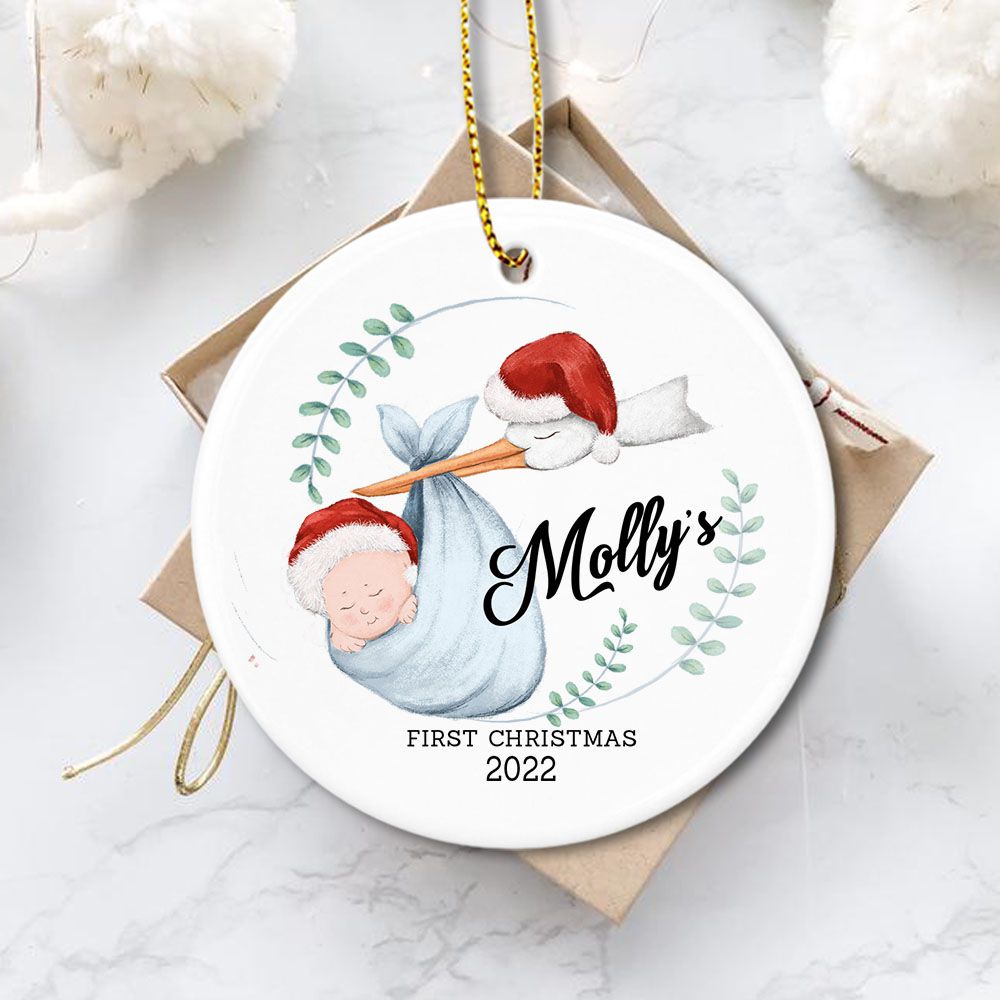Personalized Baby First Christmas Ceramic Ornaments 2022 (PRINTED ON BOTH SIDES) - Baby &amp; Flamingo