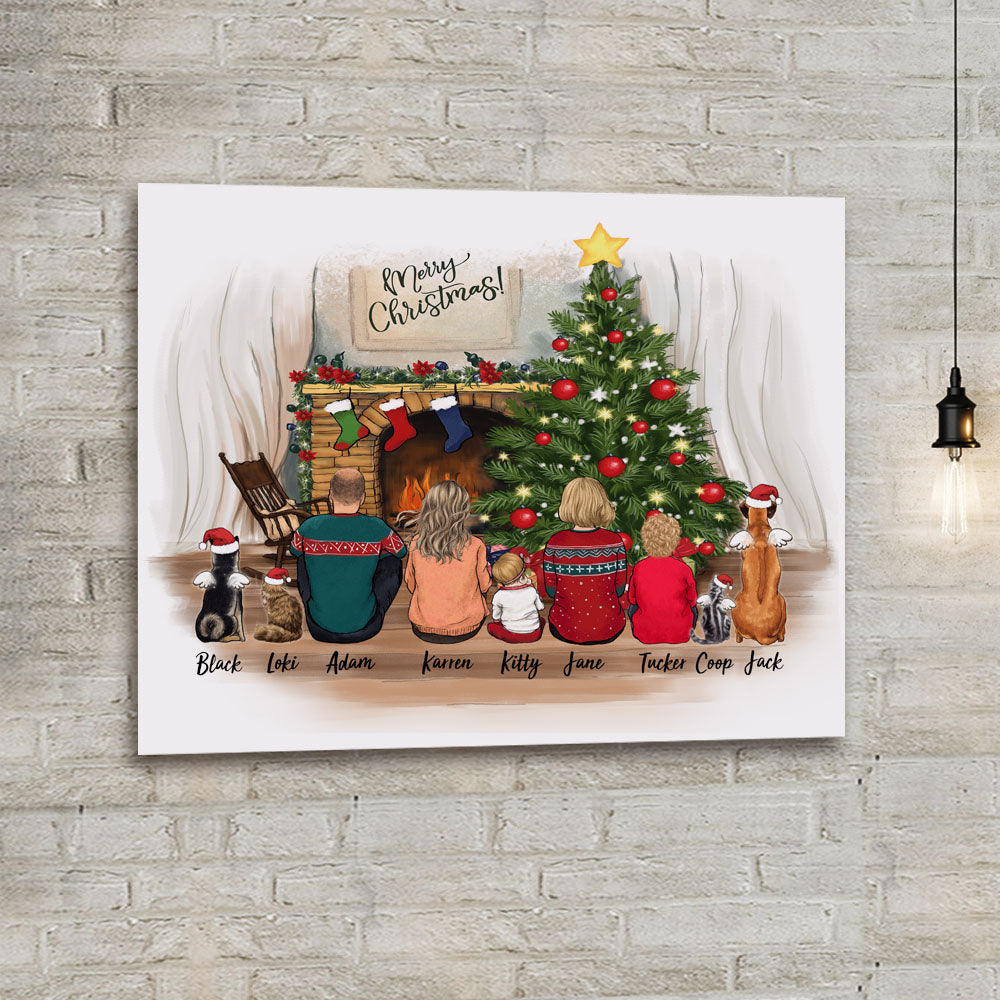 Personalized gifts with the whole family & dog & cat Canvas Print - UP TO 9 PEOPLE & PETS - Christmas