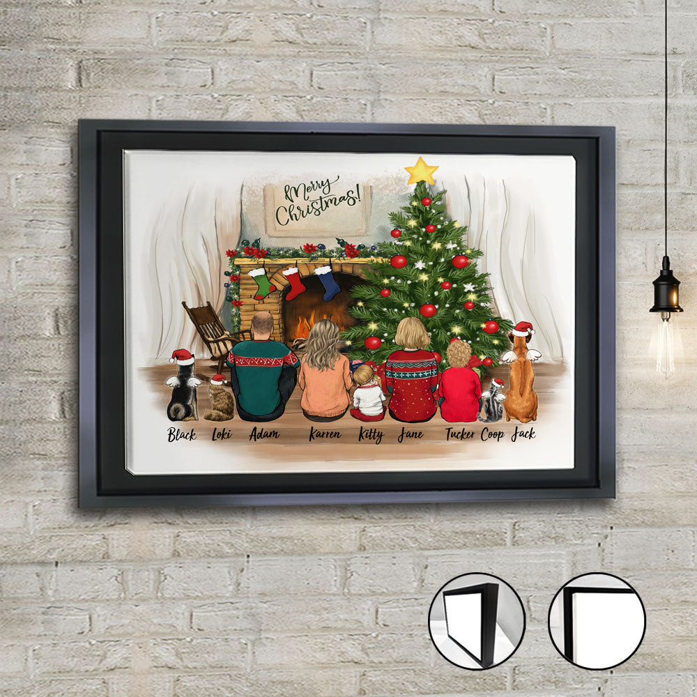 Personalized gifts with the whole family & dogs & cats Framed Canvas - UP TO 9 PEOPLE & PETS - Christmas