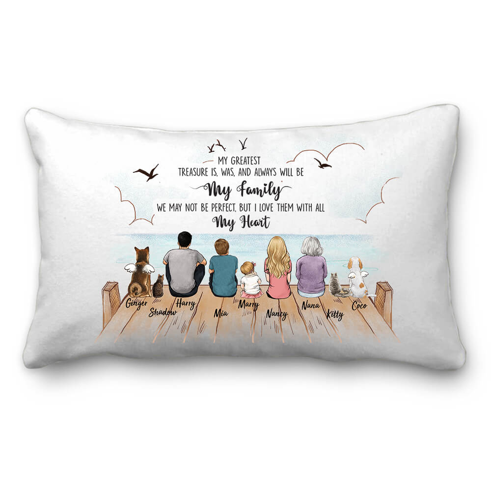 Personalized Gifts With The Whole Family &amp; Dogs &amp; Cats Throw Pillow - UP TO 9 PEOPLE &amp; PETS - My Greatest Treasure