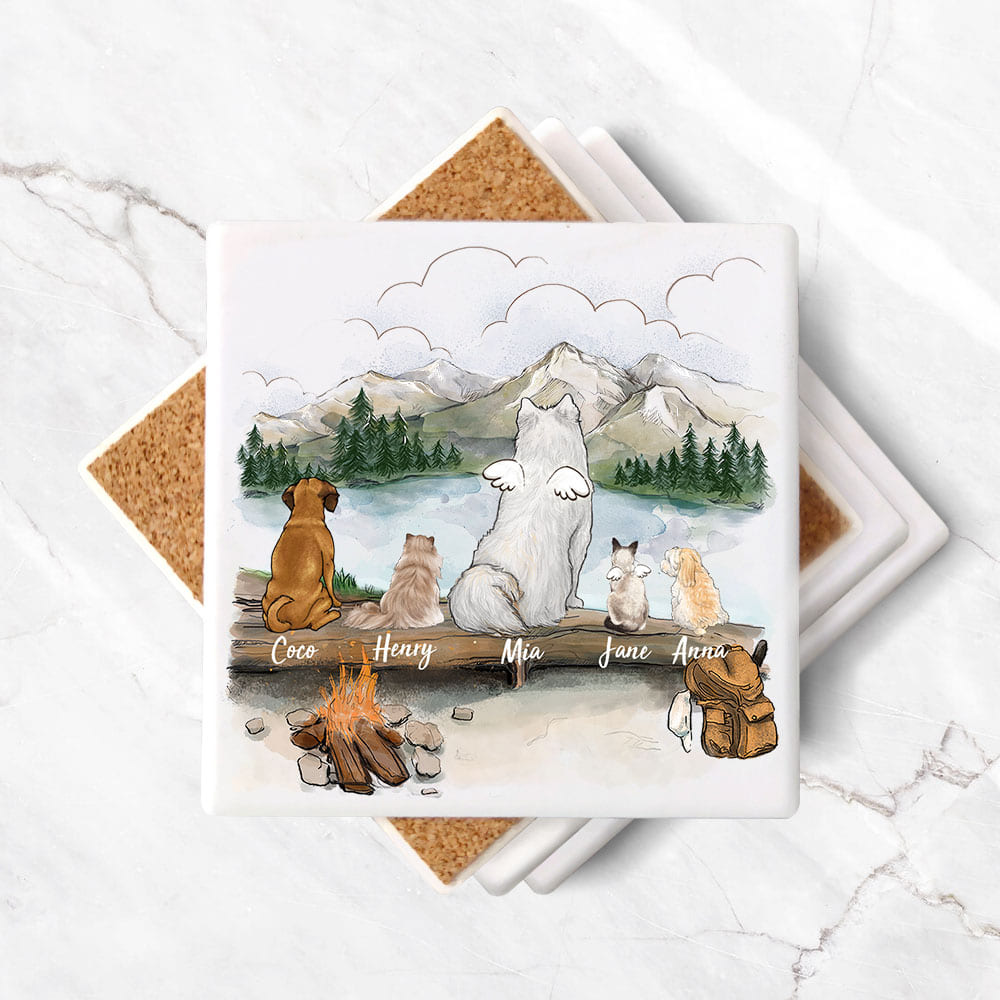 Personalized stone coasters (set of 4) gifts for dog cat lovers - DOG &amp; CAT - Mountain - Hiking - 2283