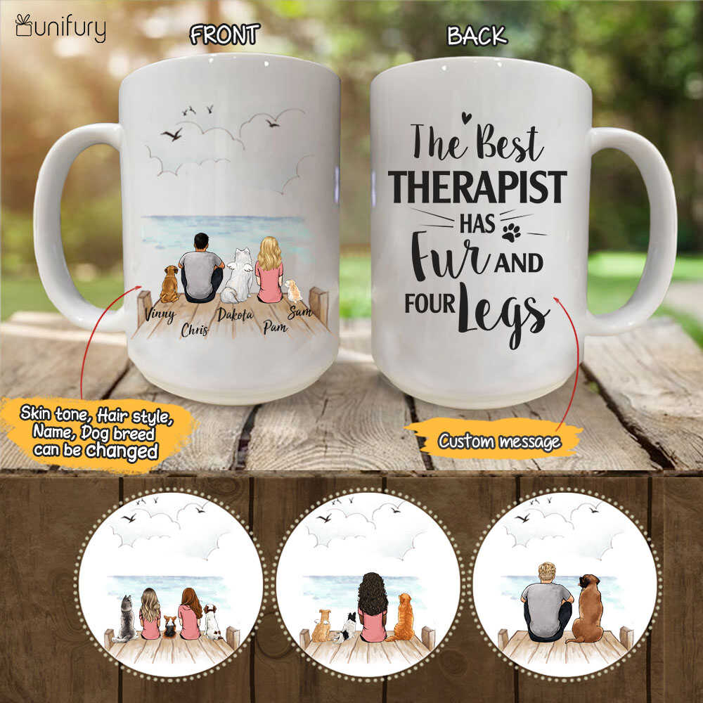 Personalized dog mug gifts for dog lovers - the best therapist has fur and four legs