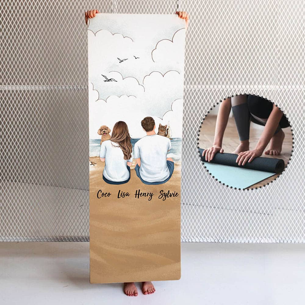 Personalized gifts for pet lovers yoga mat - Hugging dog, cat - Couple Beach